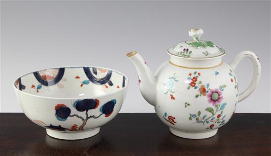 A Worcester polychrome teapot and cover, probably decorated in the atelier of James Giles, teapot damaged (3)